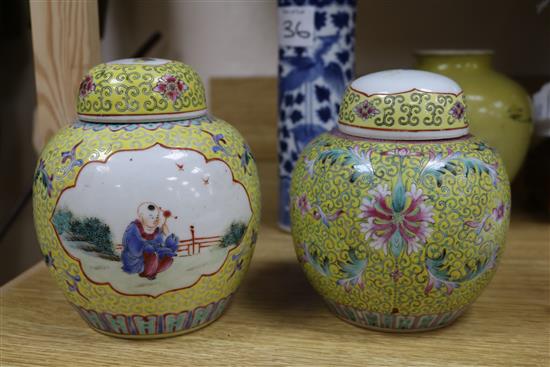 A Chinese enamelled biscuit vase, a blue and white sleeve vase and a pair of jars and covers sleeve vase 22cm